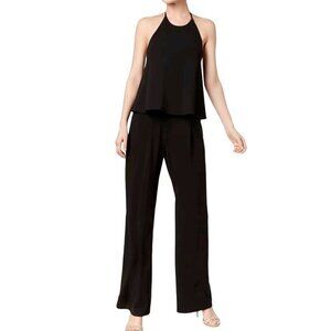 Calvin Klein Black Crepe Wide Leg Halter Top Jumpsuit Pants Size 16